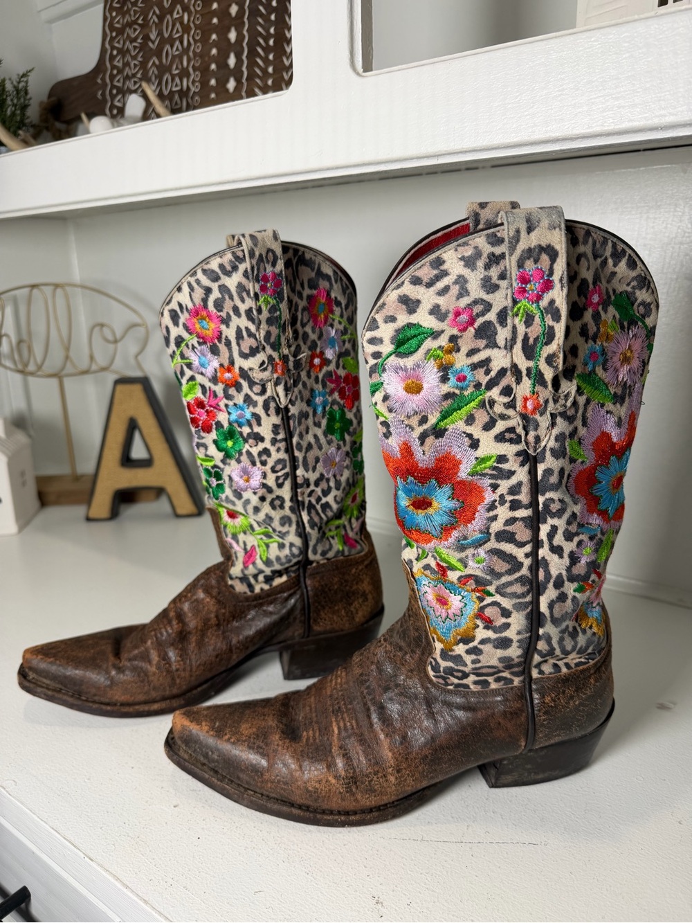 Macie Bean Womens 9M Leopard Floral Embroidered Leather Cowboy Boots Western